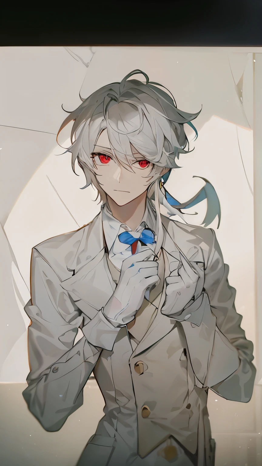Coloring the line drawing，White hair，Blue tuxedo，White gloves，Red eyes，Brown binoculars around the neck，detail，Light and Shadow，shadow