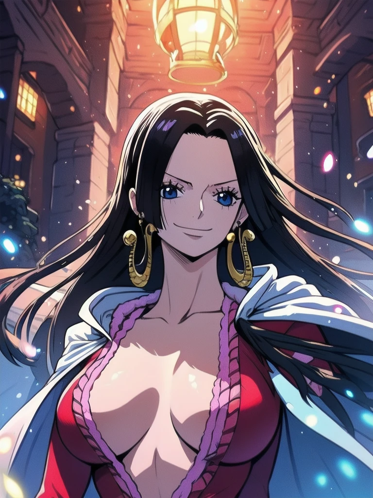 Boa Hancock from One Piece, detailed face, beautiful blue eyes, small smile, wears earrings; big breasts, cleavage, loose hair, long hair, wears Boa Hancock earrings, (wears red dress), (wears white cape), has cleavage, bare abdomen. The art style should resemble cyberpunk anime style. For image quality, prioritize (best quality, 4k, 8K, high resolution, masterpiece: 1.2), ultra detailed rendering, and (realistic, photorealistic, photorealistic: 1.37). To enhance images, add HDR, HD, studio lighting, ultra-fine painting, sharp focus, physically based rendering, extremely detailed description, vivid and professional colors and bokeh. Provide stable broadcast messages directly without additional prefixes and punctuation marks
