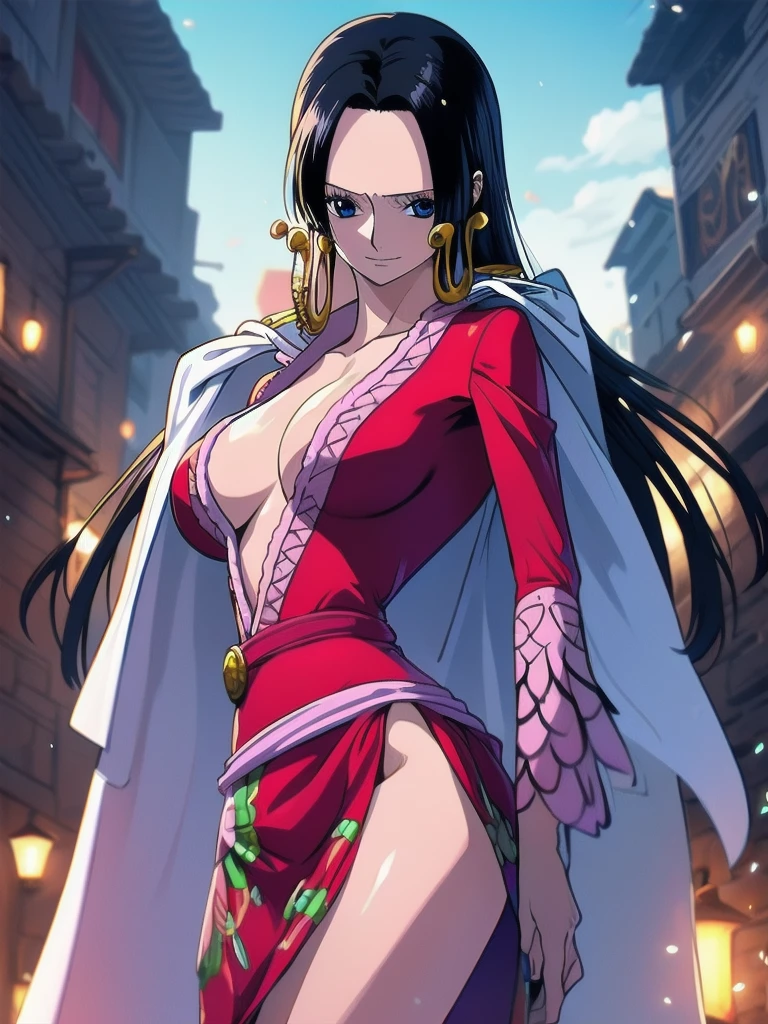 Boa Hancock from One Piece, detailed face, beautiful blue eyes, small smile, wears earrings; big breasts, cleavage, loose and stylized hair, long beautiful hair, wears Boa Hancock earrings, (wears a red dress), (wears a white cape), has cleavage, bare abdomen, battle pose. The art style should resemble a captivating anime style. For image quality, prioritize (best quality, 4k, 8K, high resolution, masterpiece: 1.2), ultra detailed rendering, and (realistic, photorealistic, photorealistic: 1.37). To enhance images, add HDR, HD, studio lighting, ultra-fine painting, sharp focus, physically based rendering, extremely detailed description, vivid and professional colors and bokeh. Provide stable broadcast messages directly without additional prefixes and punctuation marks