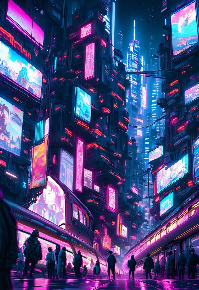 Urban Landscape: A cyberpunk cityscape at night, with towering skyscrapers and a monorail train gliding through the air. The train’s windows glow with a soft blue light, reflecting the neon signs and digital billboards. The streets below are crowded with people and robotic vendors, cyberpunk aesthetic, digital painting, ultra fine details, cinematic atmosphere