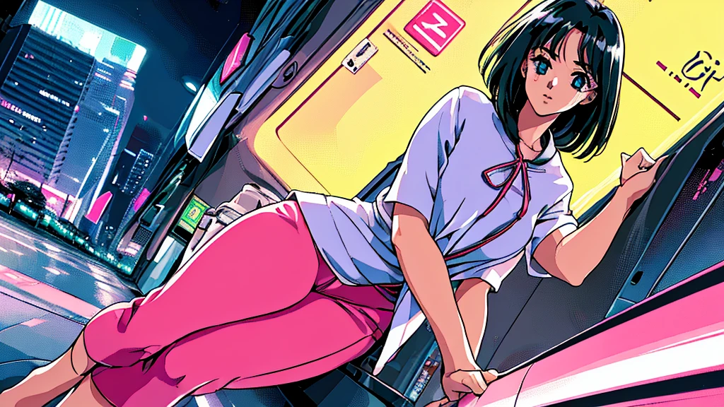 ((best quality)), ((masterpiece)), (detailed), 1girl, sexyhighest quality, masterpiece, Very detailed, Detailed Background, アニメ, One girl, Young girl, Sexy Girls, Black hair bob girl, Atmospheric lighting, Focus Only, close Depth of written boundary, bokeh 80Period Fashion City Pop Beautiful eyes B90,W60,H90 White Skin Pink lighting Light pink clothes pixel, Cool colors, green,Shinjuku at night in the background, Skyscraper, Skyline, modern, Colorful lights, dark, A girl in the foreground, whole body,blue eye