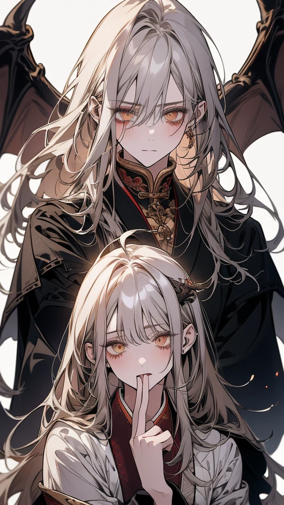 (Top resolution、Distinct_image)top-quality、A dragon girl 、masterpiece、highly detailed, half body, Semi-realistic、yellow eyes 、18year old, silver hair,young 、Exquisite facial features、Facial features ,variation potrait, long hairstyles, age, cool , cold sharp eyes, An expression of despair., lifeless eyes, blood on face, , {Very detailed 8k CG unit wallpaper}, Handsome, solo, female, , loyalty ,Japanese kimono, have dragon horns, detailed eyes, beautiful eyes