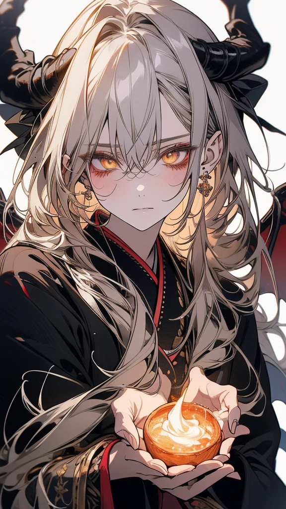 (Top resolution、Distinct_image)top-quality、A dragon girl 、masterpiece、highly detailed, half body, Semi-realistic、yellow eyes 、18year old, silver hair,young 、Exquisite facial features、Facial features ,variation potrait, long hairstyles, teenage, cool , cold sharp eyes, An expression of despair., lifeless eyes, blood on face, , {Very detailed 8k CG unit wallpaper}, Handsome, solo, female, , loyalty ,Japanese kimono, have dragon horns, detailed eyes, beautiful eyes