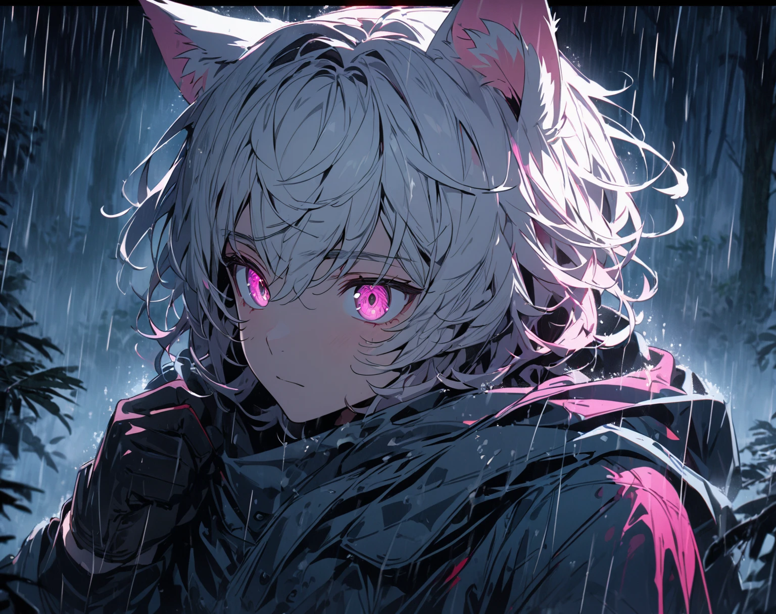 1 men, short white hair, pink eyes, Kitten ears, Wearing a simple long-sleeved shirt, wearing gloves, slightly muscular body, at night, raining, front view, in a freezing forest, 4K, bright coloured, tall quality, close up no rosto, pretty detailed eyes, well-detailed face