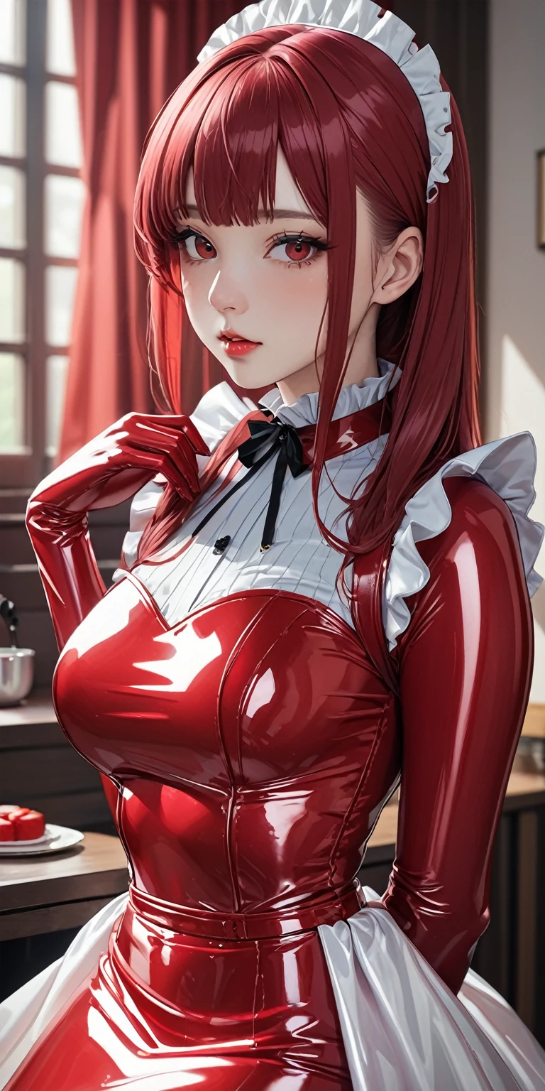 Portraiture、(masterpiece,Highest quality,Ultra-high resolution),Japanese women, (((Very beautiful 25 year old girl))),(Pale red latex maid outfit)、((Pale red latex long skirt))、(A long-sleeved latex shirt that covers the upper body)、Pale red latex gloves、Pale red latex socks、Pale red latex bodysuit、Frills、Latex is very shiny