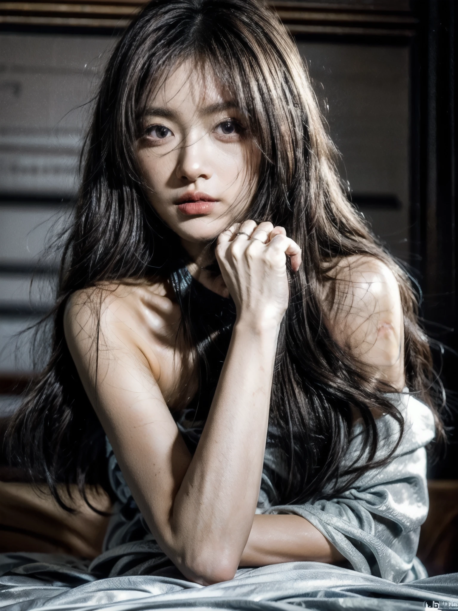 (masterpiece:1.2), best quality, high resolution, unity 8k wallpaper, (illustration:1.0), beautiful detailed eyes:, extremely detailed face, perfect lighting, extremely detailed CG,
 1girl, black_eyes, black_hair, in bed, brown_eyes, brown_hair, day, holding, lips, long_hair, nose, photorealistic, realistic, red_lips, solo, upper_body, sleeves_past_wrists,