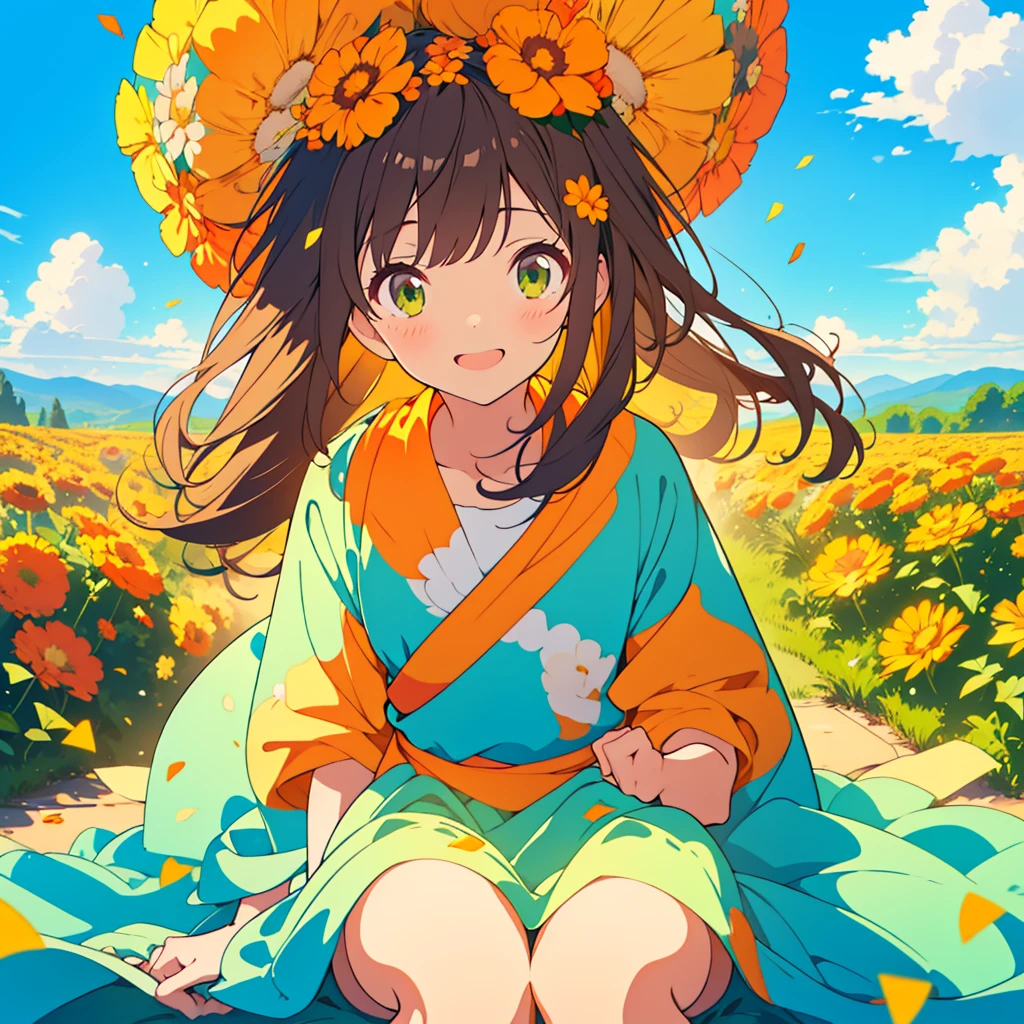 kawaii, anime, Cute, hyper quality, highly detailed, 8k, Clarity, dark brown long hair, smile, green eyes, small orange marigold, small marigold flower garden, wear a flower crown, sit on a flowering hill, colorful balloons, balloons are flying in the sky, flower garden, morning dew, Shining light, particles of light, dazzling smile, Draw facial expressions in detail, Draw the eyes in detail, green ruffle dress, A breeze flows, Marigold petals dance, A large number of balloons fly into the sky, look up at the sky, sky is high, balloon, clear blue sky, the bird flaps its wings, happy birthday, blue sky, clear sky, rainbow colored balloons, colorful balloons, release a large number of balloons into the sky, upper body, hold one's hand in the sky,