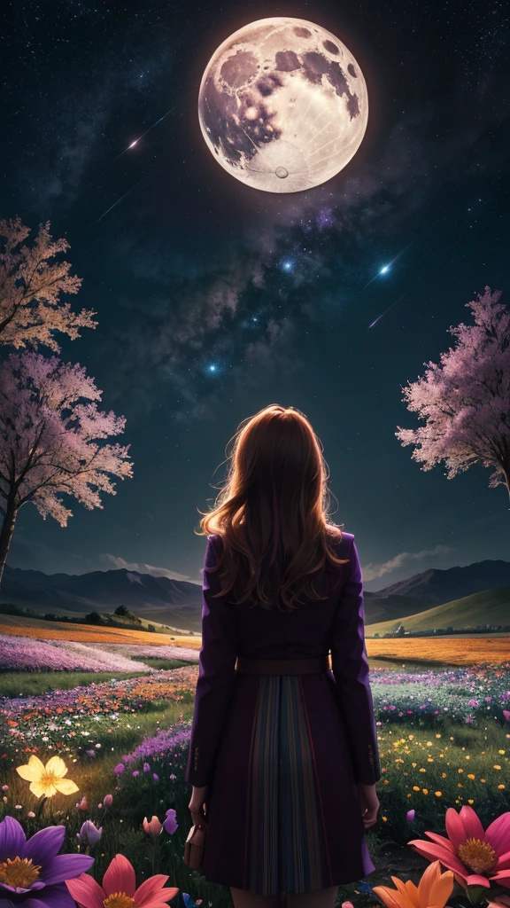 Expansive landscape photography,(a bottom view showing the sky above and open country below),a girl standing in a field of flowers looking up,(moon full:1.4),(Meteors:0.9),(Starcloud:1.3),mountain in the distance,tree-breaking production art,(Warm light source:1.2),(glowworm:1.2),lamp lights,Lots of purple and orange,Complicated details,Volumetriclighting,BREAK realism(tmasterpiece: 1.2) , (best qualtiy), 4K, ultra - detailed, (Dynamic synthesis: 1.4), highly detailed, Colorful detailed, (Irridescent color: 1.2), (Bright lighting, Atmospheric lighting), dream magical, magic, (solo: 1.2)