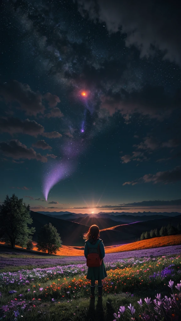 Expansive landscape photography,(a bottom view showing the sky above and open country below),a girl standing in a field of flowers looking up,(moon full:1.4),(Meteors:0.9),(Starcloud:1.3),mountain in the distance,tree-breaking production art,(Warm light source:1.2),(glowworm:1.2),lamp lights,Lots of purple and orange,Complicated details,Volumetriclighting,BREAK realism(tmasterpiece: 1.2) , (best qualtiy), 4K, ultra - detailed, (Dynamic synthesis: 1.4), highly detailed, Colorful detailed, (Irridescent color: 1.2), (Bright lighting, Atmospheric lighting), dream magical, magic, (solo: 1.2)