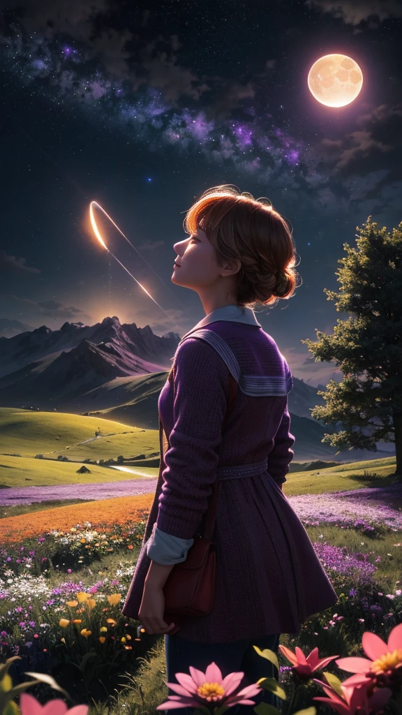 Expansive landscape photography，（a bottom view showing the sky above and open country below），a girl standing in a field of flowers looking up，（moon full：1.4），（Meteors：0.9），（Starcloud：1.3），mountain in the distance，tree-breaking production art，（Warm light source：1.2），（glowworm：1.2），lamp lights，Lots of purple and orange，Complicated details，Volumetriclighting，BREAK realism（tmasterpiece： 1.2） ， （best qualtiy）， 4K， ultra - detailed， （Dynamic synthesis： 1.4）， highly  detailed， Colorful detailed， （Irridescent color： 1.2）， （Bright lighting， Atmospheric lighting）， dream magical， magic， （solo： 1.2）