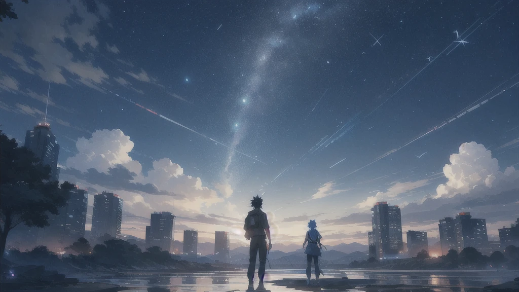 真っ暗なnight空,Octane, star (null), scenery, Blue parakeet,The acoustic guitar is in front of the body.,star, night, A girl and a boy standing back to back, Back view, alone, Outdoor, city,river,Blue parakeet,building, cloud, 天のriver,silhouette