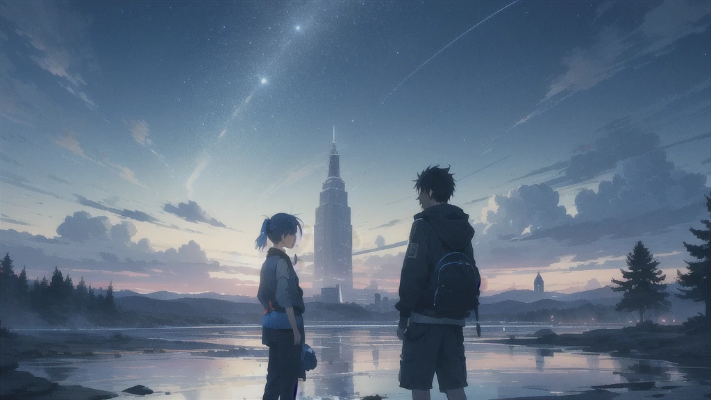 真っ暗なnight空,Octane, star (null), scenery, Blue parakeet,The acoustic guitar is in front of the body.,star, night, A girl and a boy standing back to back, Back view, alone, Outdoor, city,river,Blue parakeet,building, cloud, 天のriver,silhouette