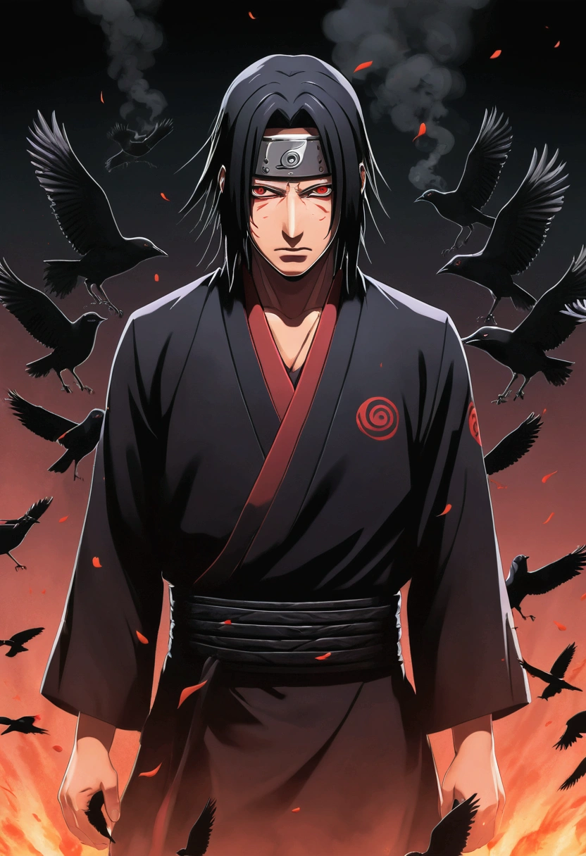 (master part, best quality, high resolution,grainy:1.2), 
break (Uchiha Itachi:1.3), long  hair,forehead protector, ninja, layer, High throat, jewelries, necklase,blackquality hair ,Eyes red , mascle, 1st grade, black smoke surrounding, covered in black smoke, glare eyes,
BREAK crows, turning into crows, (surrounded by crows:1.1),