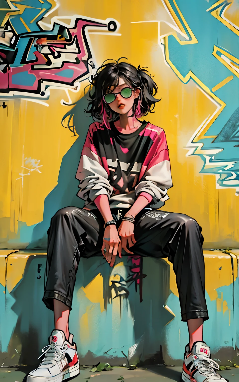 High resolution, (The finest details) (Highest quality), Alfie woman wearing sunglasses sitting on sofa chair, (((Graffiti art))), (((Trigger Studio style, Graffiti art, Rock punk, Neon color))), Carne Griffith
