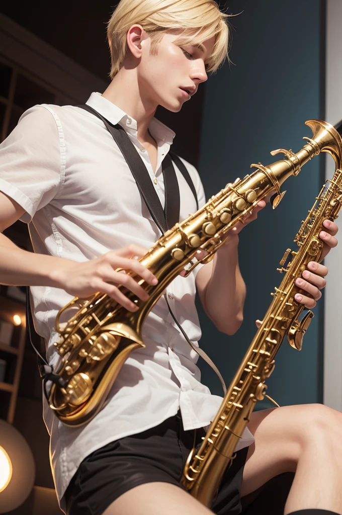A young blond man playing sonphone sax