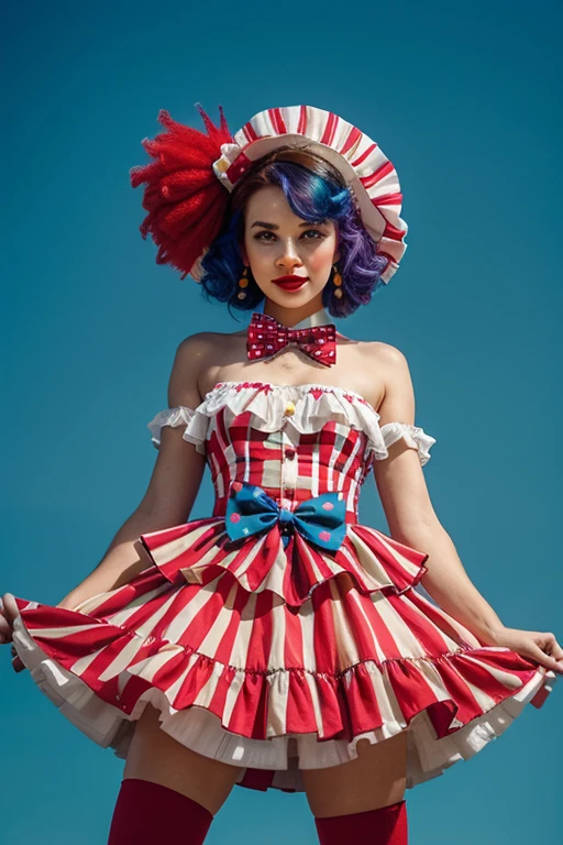 Design Prompt: Create a clown-inspired dress for women that captures the playful and eccentric spirit of a circus performer. Incorporate bold and contrasting fabrics, such as stripes or checks, to convey a sense of whimsy. The dress should feature a voluminous skirt for added drama, adorned with colorful patches, layered ruffles, and pockets with red pom-poms. Complete the look with a bright bow tie or a hood with clown ears. This Balenciaga creation will be a vibrant and elegant standout piece for a confident and daring woman.