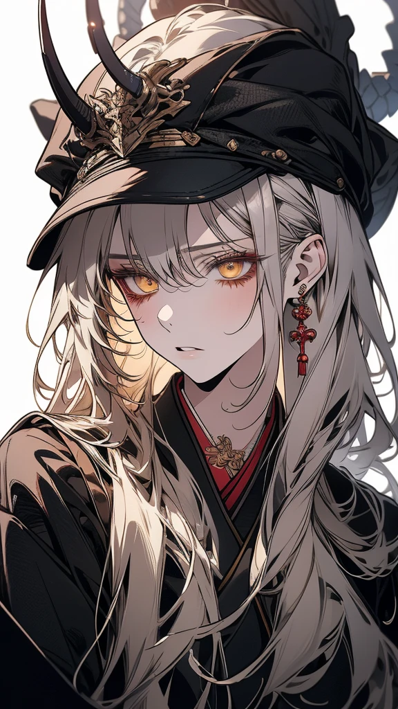 (Top resolution、Distinct_image)top-quality、A dragon girl 、​masterpiece、highly detailed, half body, Semi-realistic、yellow eyes 、18year old, silver hair,young 、Exquisite facial features、Facial features ,variation potrait, long  hairstyles, age, cool , cold sharp eyes, An expression of despair., lifeless eyes, blood on face, , {Very detailed 8k CG unit wallpaper}, Handsome, solo, female, , loyalty ,Japanese kimono, have dragon horns, detailed eyes, beautiful eyes, gorgeous 