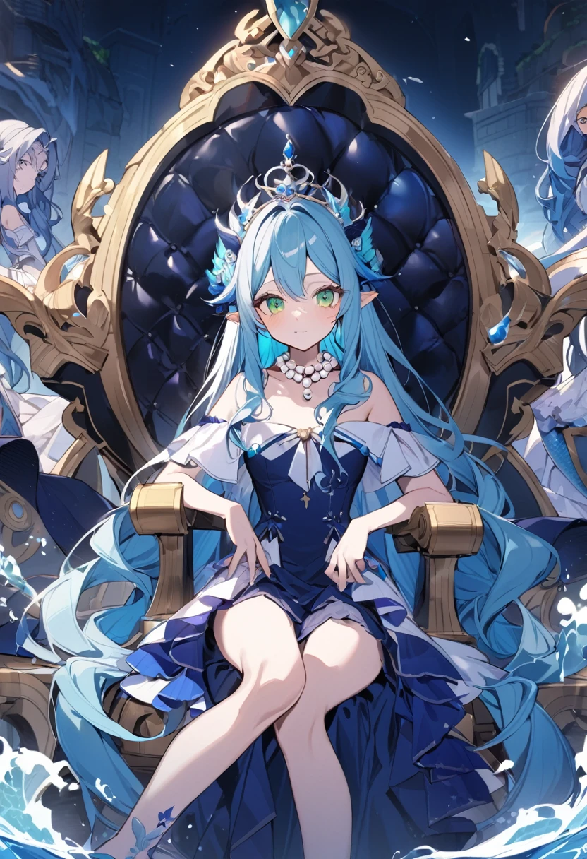 海Blue long hair,close up,dream world,Mermaid Royal Sisters, 海Blue long hair,Sitting on the throne,Tear mole,Mermaid ears,(Pearl necklace,necklace),necklace,Off-shoulder blue dress,Humanoid, Tanah Lot background, Her skin is very white, Fair skin,Green Eyes,Blue long hair, Two long black legs,High heel,Black Leg,Tattoo