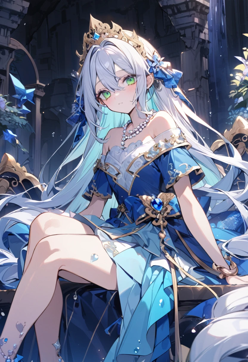 海Blue long hair,close up,dream world,Mermaid Royal Sisters, 海Blue long hair,Sitting on the throne,Tear mole,Mermaid ears,(Pearl necklace,necklace),necklace,Off-shoulder blue dress,Humanoid, Tanah Lot background, Her skin is very white, Fair skin,Green Eyes,Blue long hair, Two long black legs,High heel,Black Leg,Tattoo