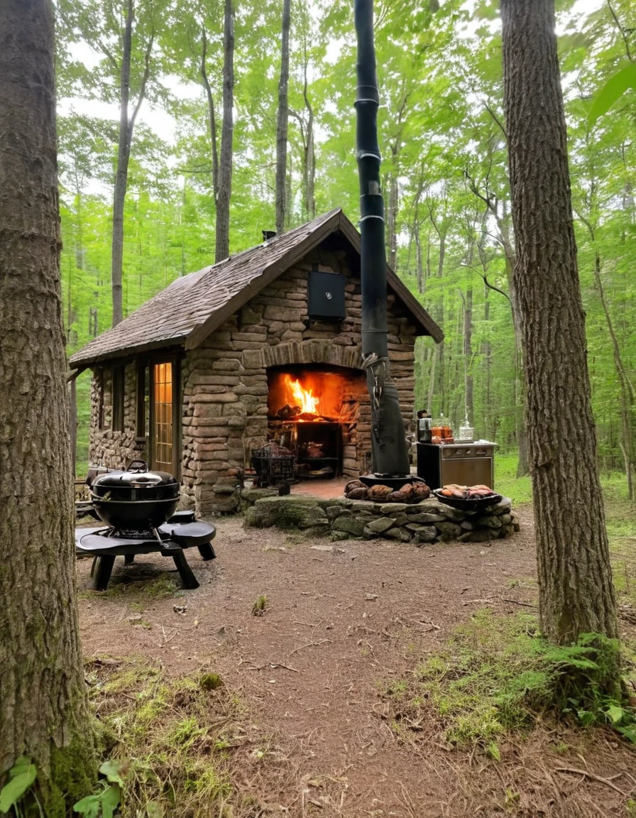there is a table with food and a grill in the woods, cottagecore!!, cabin in the woods, a brick cabin in the woods, cottagecore, forest picnic, ❤🔥🍄🌪, cottagecore hippie, cottage in the woods, in a cabin, old cabin, log cabin, witch cottage in the forest