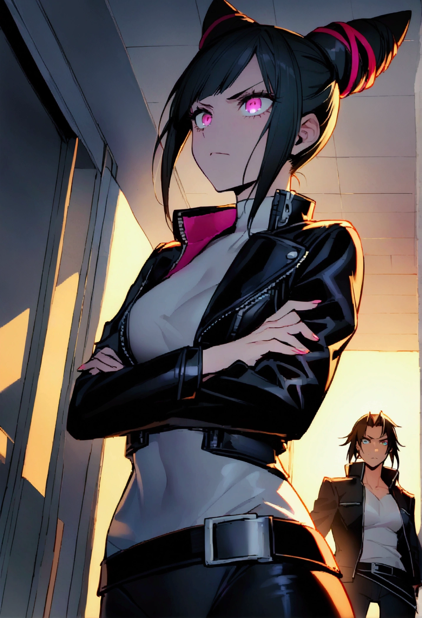 Juri Han,beautiful young warrior , with a very detailed and beautiful face, gorgeous eyes, gorgeous eyes, gorgeous face, beautiful young woman wearing long black leggings with black details, usando leather jacket preta, standing in an office, wearing black boots, horn hair, with black fringe, , sorriso Malignant ,white sweater with strap around, serious look,usando leather jacket preto, leather jacket,staring overhead,yellow lighting,  Malignant,crossed arms
