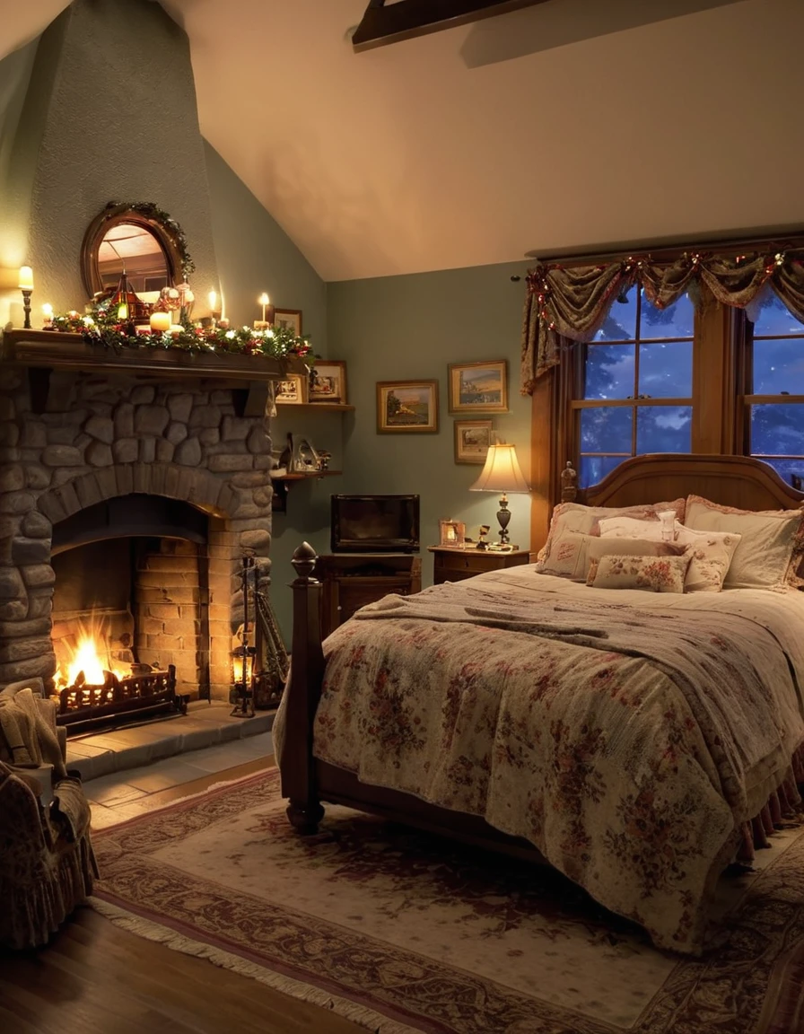 arafed bedroom with a fireplace and a bed with a blanket, thomas kinkade. cute cozy room, cozy and calm, cozy setting, very cozy, cozy wallpaper, cozy room, cozy place, cozy and peaceful atmosphere, cosy enchanted scene, cozy candlelight, cozy environment, cozy bed, soothing and cozy landscape, cozy atmosphere, cosy fireplace