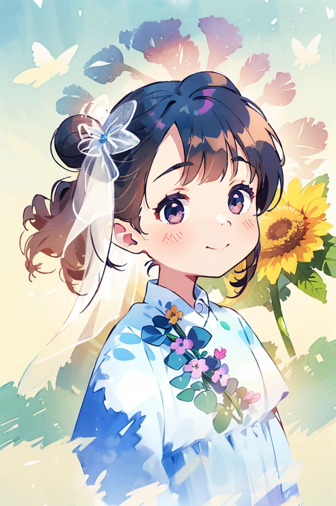 photoRealstic、Nendroids in wedding dress standing in front of the painting、A smile、kawaii pose、watercolor Nendoroid、(High Definition Figure)、Flowing iridescent silk、up of face、Eye Up、heart mark、Floral dress、There is also a flower in front of the petal below the Nendoroid.......、season!!: summer☀ 🍂、((A wonderful painting with super multiple exposure where you can see the background through the clothes))