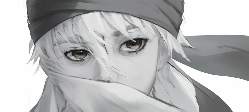Black and white thick coating,Wearing a black bandana,Mouth covered with cloth,Gloomy eyes,White hair,Exquisite facial features,Strong light and shadow