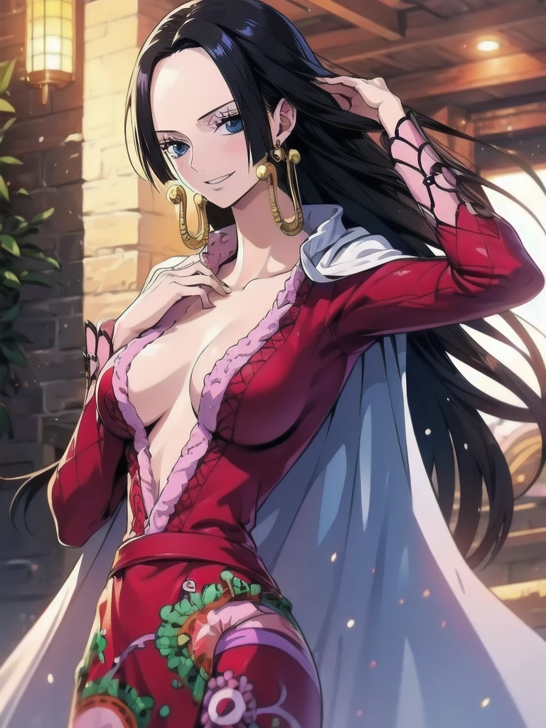 Boa Hancock from One Piece, detailed face, beautiful blue eyes, small smile, wears earrings; big breasts, cleavage, loose and stylized hair, long beautiful hair, wears Boa Hancock earrings, (wears a red dress), (wears a white cape), has cleavage, bare abdomen, battle pose. The art style should resemble a captivating anime style. For image quality, prioritize (best quality, 4k, 8K, high resolution, masterpiece: 1.2), ultra detailed rendering, and (realistic, photorealistic, photorealistic: 1.37). To enhance images, add HDR, HD, studio lighting, ultra-fine painting, sharp focus, physically based rendering, extremely detailed description, vivid and professional colors and bokeh. Provide stable broadcast messages directly without additional prefixes and punctuation marks