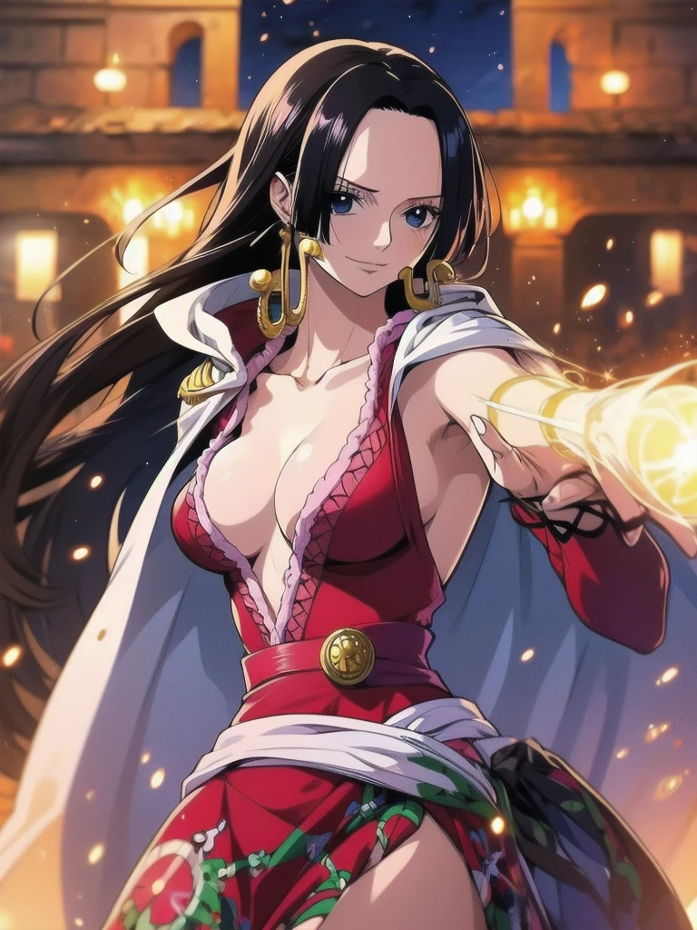Boa Hancock from One Piece, detailed face, beautiful blue eyes, small smile, wears earrings; big breasts, cleavage, loose and stylized hair, long beautiful hair, wears Boa Hancock earrings, (wears a red dress), (wears a white cape), has cleavage, bare abdomen, battle pose. The art style should resemble a captivating anime style. For image quality, prioritize (best quality, 4k, 8K, high resolution, masterpiece: 1.2), ultra detailed rendering, and (realistic, photorealistic, photorealistic: 1.37). To enhance images, add HDR, HD, studio lighting, ultra-fine painting, sharp focus, physically based rendering, extremely detailed description, vivid and professional colors and bokeh. Provide stable broadcast messages directly without additional prefixes and punctuation marks