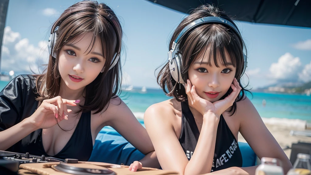 (ultra - detailed, 16K resolution, Cinema lenses, rendering by octane), (high resolution:1.18), intricate detail, (masterpiece:1.1), (highest quality:1.1), (1girl, portrait, white hair, blue eyes, short hair, detailed eyes),Wearing silver DJ headphones, sequined T-shirt, (in the beach:1.5), (Iconic hip-hop pop costumes:1.3), Smile while DJing on stage, DJ studio next to the beach, ((A stylish DJ stage on a hill overlooking the beach)), full body shot, Photorealistic photography by Sunshine, (cute round face:1.3), perfect fingers, five fingers, beautiful hands, perfect hands. master peace, cute smile, Fixhand.