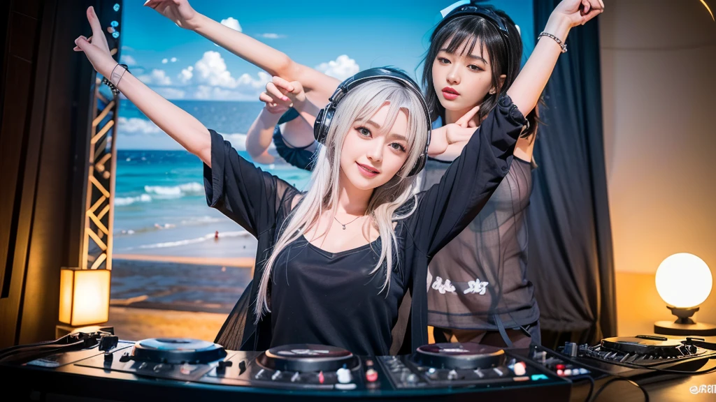 (ultra - detailed, 16K resolution, Cinema lenses, rendering by octane), (high resolution:1.18), intricate detail, (masterpiece:1.1), (highest quality:1.1), (1girl, portrait, white hair, blue eyes, short hair, detailed eyes),Wearing silver DJ headphones, sequined T-shirt, (in the beach:1.5), (Iconic hip-hop pop costumes:1.3), Smile while DJing on stage, DJ studio next to the beach, ((A stylish DJ stage on a hill overlooking the beach)), full body shot, Photorealistic photography by Sunshine, (cute round face:1.3), perfect fingers, five fingers, beautiful hands, perfect hands. master peace, cute smile, Fixhand.
