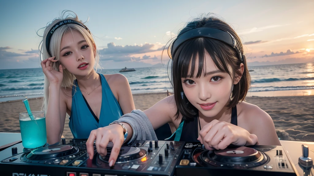(ultra - detailed, 16K resolution, Cinema lenses, rendering by octane), (high resolution:1.18), intricate detail, (masterpiece:1.1), (highest quality:1.1), (1girl, portrait, white hair, blue eyes, short hair, detailed eyes),Wearing silver DJ headphones, sequined T-shirt, (in the beach:1.5), (Iconic hip-hop pop costumes:1.3), Smile while DJing on stage, DJ studio next to the beach, ((A stylish DJ stage on a hill overlooking the beach)), full body shot, Photorealistic photography by Sunshine, (cute round face:1.3), perfect fingers, five fingers, beautiful hands, perfect hands. master peace, cute smile, Fixhand.