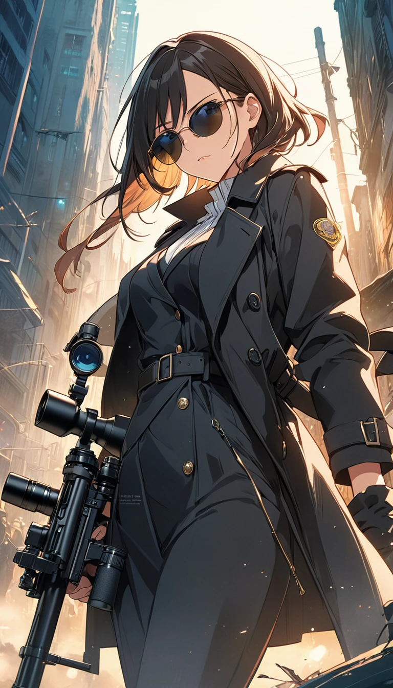 sniper cover art,Handsome girl wearing sunglasses.Wearing a black trench coat.Sniper using sniper rifle. Anime Visual, Detailed key animation art, anime artwork, Ethereal anime impact.Beautiful and extremely fine texture,detailed, bright, Animation style high definition and high quality presentation,