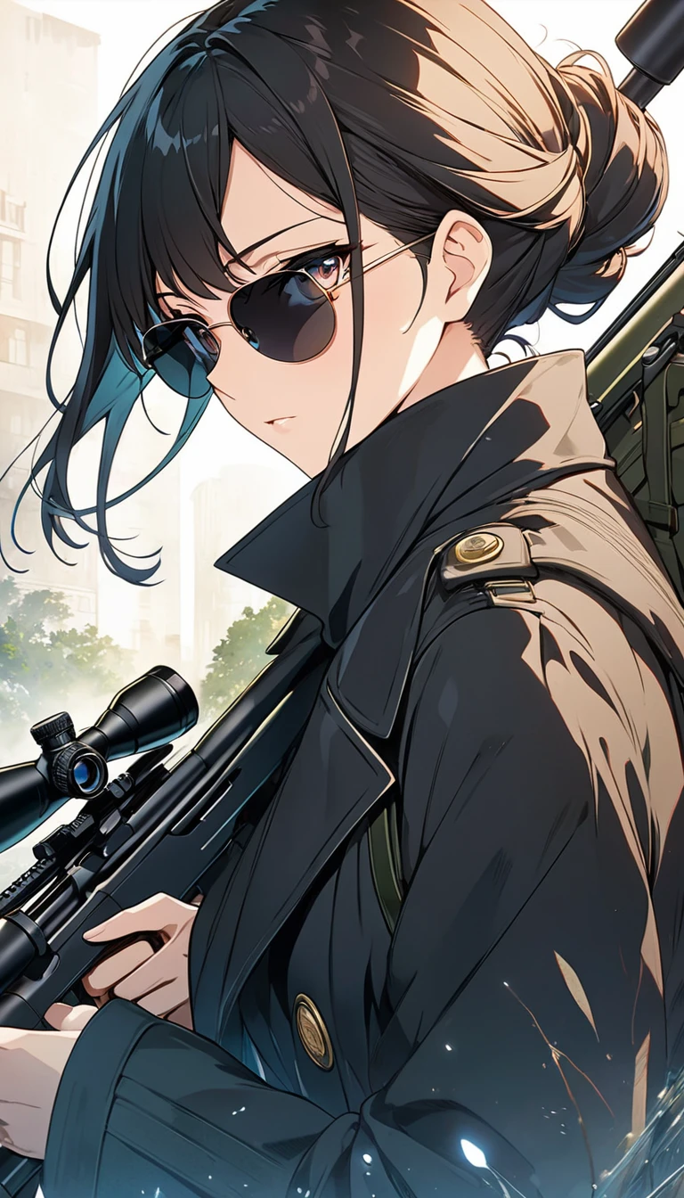 sniper cover art,Handsome handsome boy wearing sunglasses.Wearing a black trench coat.Sniper using sniper rifle. Anime Visual, Detailed key animation art, anime artwork,  Ethereal anime impact.Beautiful and extremely fine texture，detailed, bright, Animation style high definition and high quality presentation,