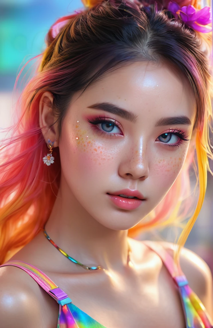 ((ultra detailed)),((Bright eyes)), (Detailed eyes) , 8k, blink blink, (The Little Faux Freckles Makeupgirl), ((realistic skin)), ((focus detailed 2 straps on the shoulders of dress)) , ((shiny facial skin)), with colorful hair and a colorful dress, rossdraws pastel vibrant, vibrant, 8k, beautiful portrait, artgerm colorful!!!, ! dream artgerm, beautiful THAI girl, wallpaper 8k, PHOTO REAL, extremely detailed artgerm, HIGH RESOLUTION