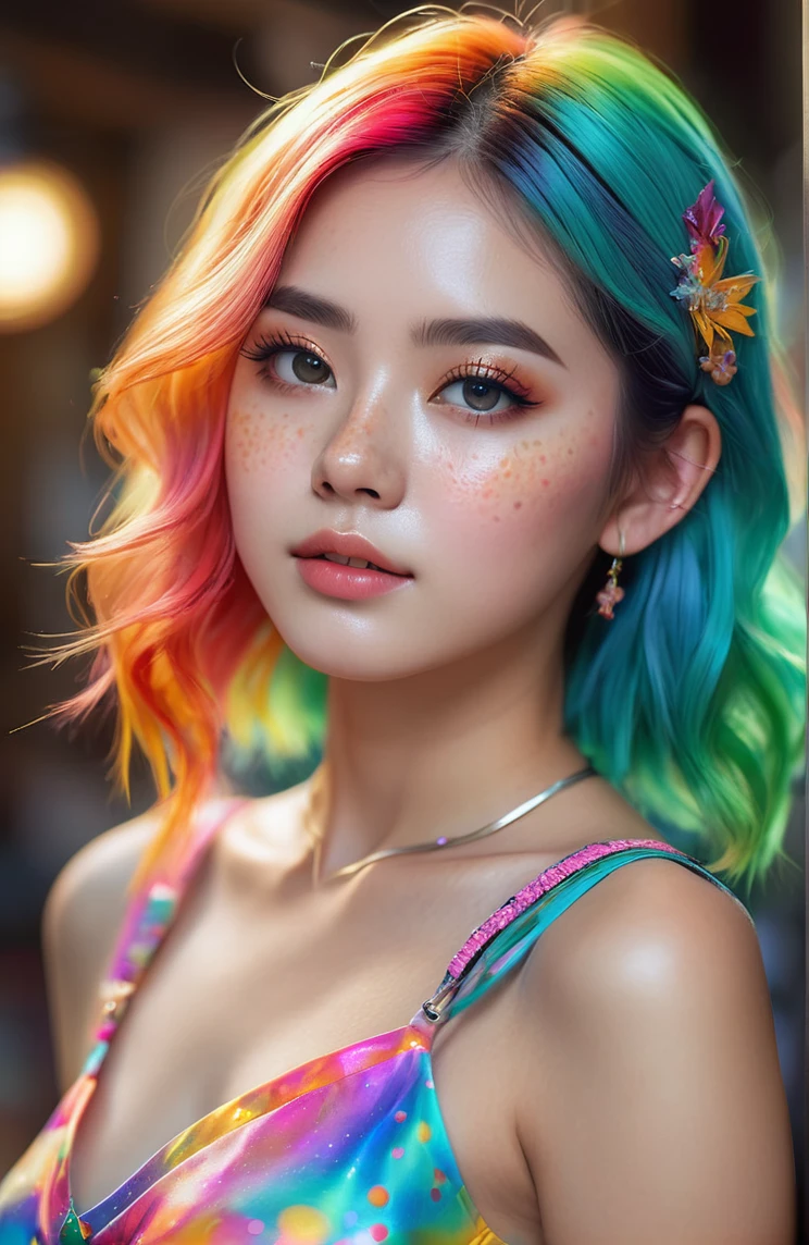 ((ultra detailed)),((Bright eyes)), (Detailed eyes) , 8k, blink blink, (The Little Faux Freckles Makeupgirl), ((realistic skin)), ((focus detailed 2 straps on the shoulders of dress)) , ((shiny facial skin)), with colorful hair and a colorful dress, rossdraws pastel vibrant, vibrant, 8k, beautiful portrait, artgerm colorful!!!, ! dream artgerm, beautiful THAI girl, wallpaper 8k, PHOTO REAL, extremely detailed artgerm, HIGH RESOLUTION