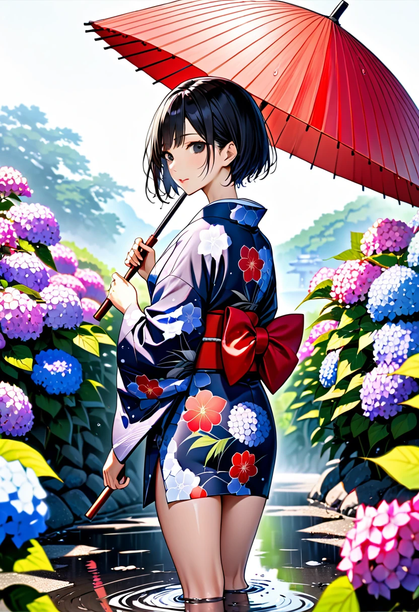 (One japanese woman:1.5), (Adult japanese women:1.5), (slender body:1.3), Black Hair, Black eye, Super short hair, Wearing a floral pattern japanese yukata, The hem of the yukata is long, Holding a Japanese umbrella, wearing red japanese sandals, Backshot, Look back at the camera, Hydrangea below half of the foreground, Sky after rain, A small puddle on the ground