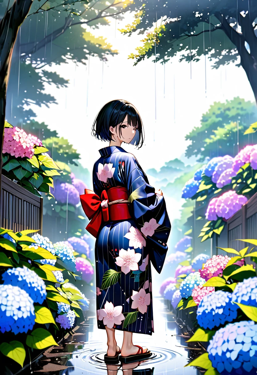 (One japanese woman:1.5), (Adult japanese women:1.5), (slender body:1.3), Black Hair, Black eye, Super short hair, Wearing a floral pattern japanese yukata, The hem of the yukata is long, Holding a Japanese umbrella, wearing red japanese sandals, Backshot, Look back at the camera, Hydrangea below half of the foreground, Sky after rain, A small puddle on the ground