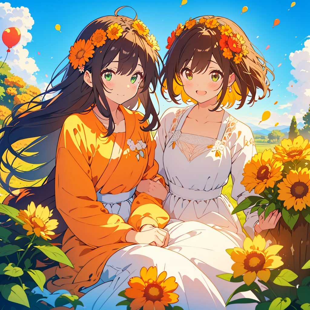 kawaii, anime, Cute, hyper quality, highly detailed, 8k, Clarity, dark brown long hair, smile, green eyes, small orange marigold, small marigold flower garden, wear a flower crown, sit on a flowering hill, colorful balloons, balloons are flying in the sky, flower garden, morning dew, Shining light, particles of light, dazzling smile, Draw facial expressions in detail, Draw the eyes in detail, Wedding dress, A breeze flows, Marigold petals dance, A large number of balloons fly into the sky, look up at the sky, sky is high, balloon, clear blue sky, the bird flaps its wings, happy birthday, blue sky, clear sky, rainbow colored balloons, colorful balloons, release a large number of balloons into the sky, upper body, hold one's hand in the sky,