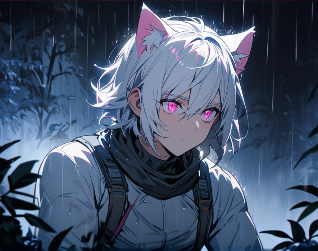1 men, short white hair, pink eyes, Kitten ears, Wearing a simple long-sleeved shirt, wearing gloves, slightly muscular body, at night, raining, front view, in a freezing forest, 4K, bright coloured, tall quality, close up no rosto, pretty detailed eyes, well-detailed face