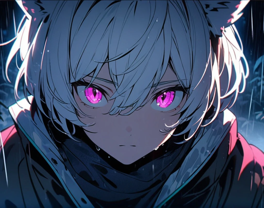 1 men, short white hair, pink eyes, Kitten ears, Wearing a simple long-sleeved shirt, wearing gloves, slightly muscular body, at night, raining, front view, in a freezing forest, 4K, bright coloured, tall quality, close up no rosto, pretty detailed eyes, well-detailed face