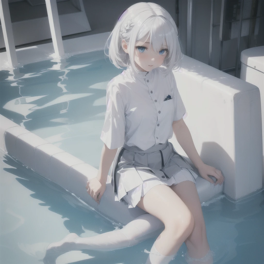 (white hair:1.3+silver hair:1.2), (short skirt: 1.1+white stockings: 1.1), (cute:1.2 + pure:1.1 + innocent:1.1), (blue eyes:1.2), (water pool:1.2)