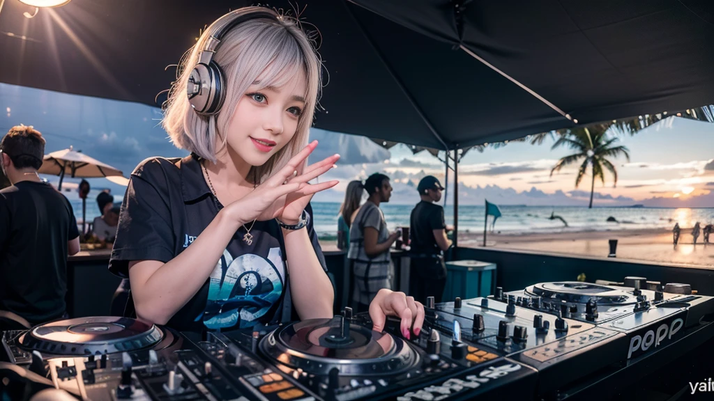 (ultra - detailed, 16K resolution, Cinema lenses, rendering by octane), (high resolution:1.18), intricate detail, (masterpiece:1.1), (highest quality:1.1), (1girl, portrait, white hair, blue eyes, short hair, detailed eyes),Wearing silver DJ headphones, sequined T-shirt, (in the beach:1.5), (Iconic hip-hop pop costumes:1.3), Smile while DJing on stage, DJ studio next to the beach, ((A stylish DJ stage on a hill overlooking the beach)), full body shot, Photorealistic photography by Sunshine, (cute round face:1.3), perfect fingers, five fingers, beautiful hands, perfect hands. master peace, cute smile, Fixhand.