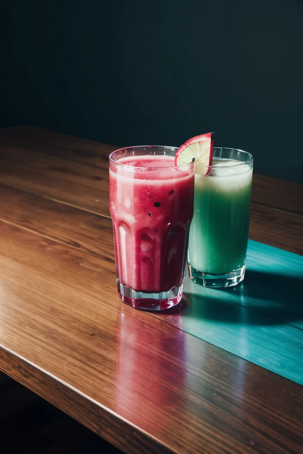 a glass with watermelon juice under a table with a controlled background in 2 colors magenta red and cyan blue colors