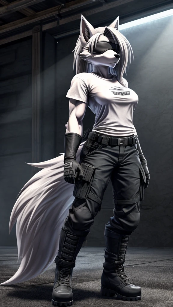 Loona from Helluva Boss, female wolf, anthro, mature adult, white soft hair with ponytail, blindfolded with white cloth, tall, muscular, white sleeve t-shirt, black cargo pants, black boots, black tactical gloves, solo, beautiful, high quality, precise, full body, anime style, 4K