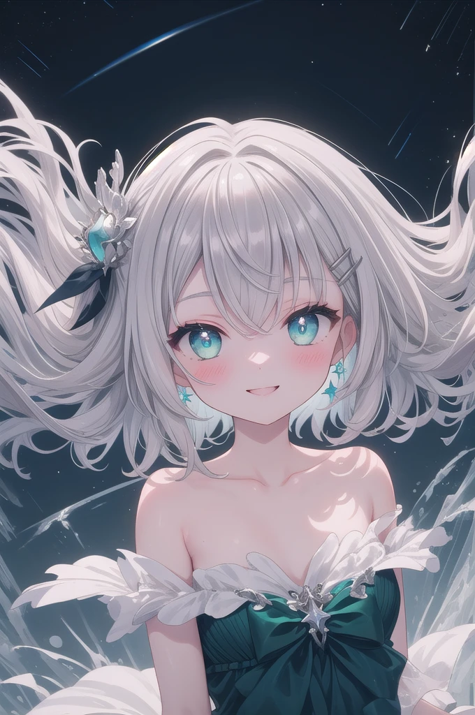 (masterpiece, best quality), hyperdetailed, clean lines, one girl,15 years old, blush, ash_hair, (silver_hair:1.3), thin hair clip, cyan colorshift eyes, expressive eyes, collarbone, smile, night, stars, green princess dress, full shot,