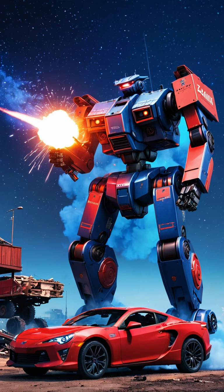 ultra realistic, ultra detail,mech bot, coffee, red light, mechanical bot, blue, collapse building, shoot, gun, smoke, flare, night view, starrynight, star, meteor, ultra realistic background, aesthetic, scenery, bot wit lh text written "(zanki)", "(izzudin)", car crash, plane war, two bot