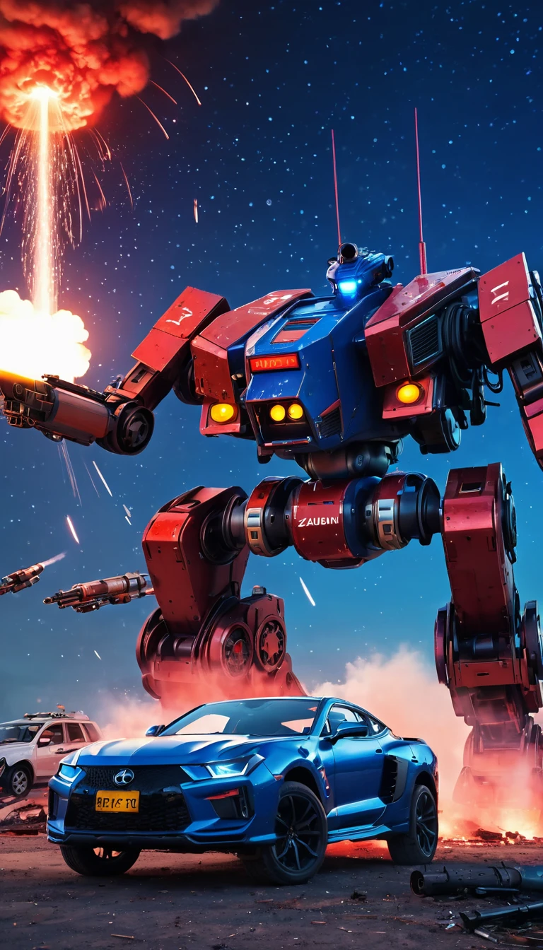 ultra realistic, ultra detail,mech bot, coffee, red light, mechanical bot, blue, collapse building, shoot, gun, smoke, flare, night view, starrynight, star, meteor, ultra realistic background, aesthetic, scenery, bot wit lh text written "(zanki)", "(izzudin)", car crash, plane war, two bot