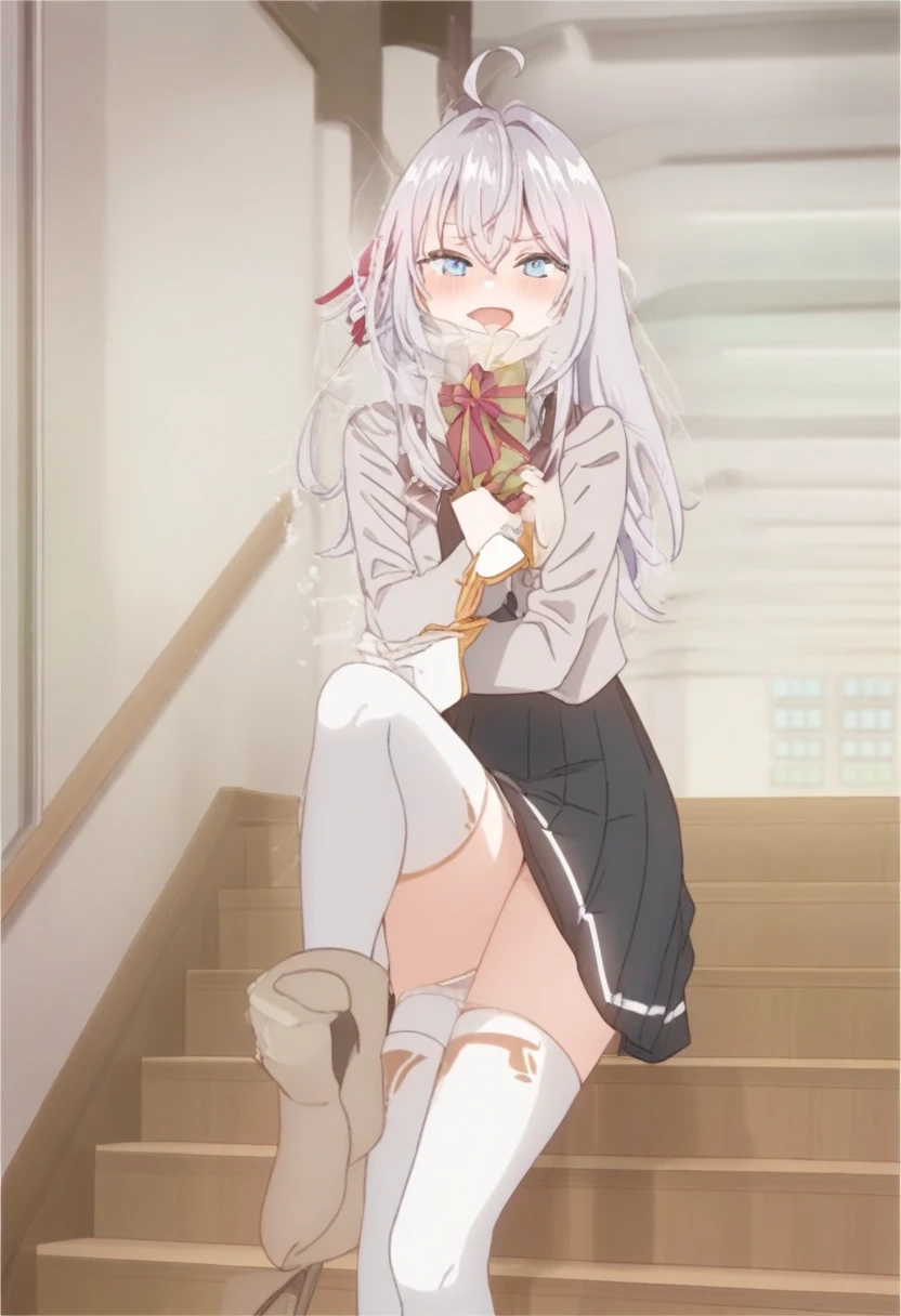 One girl,  Alisa Mikhailovna Kujo,Tomorrow, my friend, Arya-san, will be visiting Russia.,alone, Long Hair, Eyebrows visible through hair, Hair between the eyes, Silver Hair, Hair Ribbon, blue eyes, Medium chest, ,White legwear,zettai ryouiki, Long sleeve, Jacket,
Sealing, Portraiture, View your viewers, Severe, corridor, Open your mouth,
Highest quality, so beautiful, Absurd,Fully nude with nipples,Pussy,Squirting